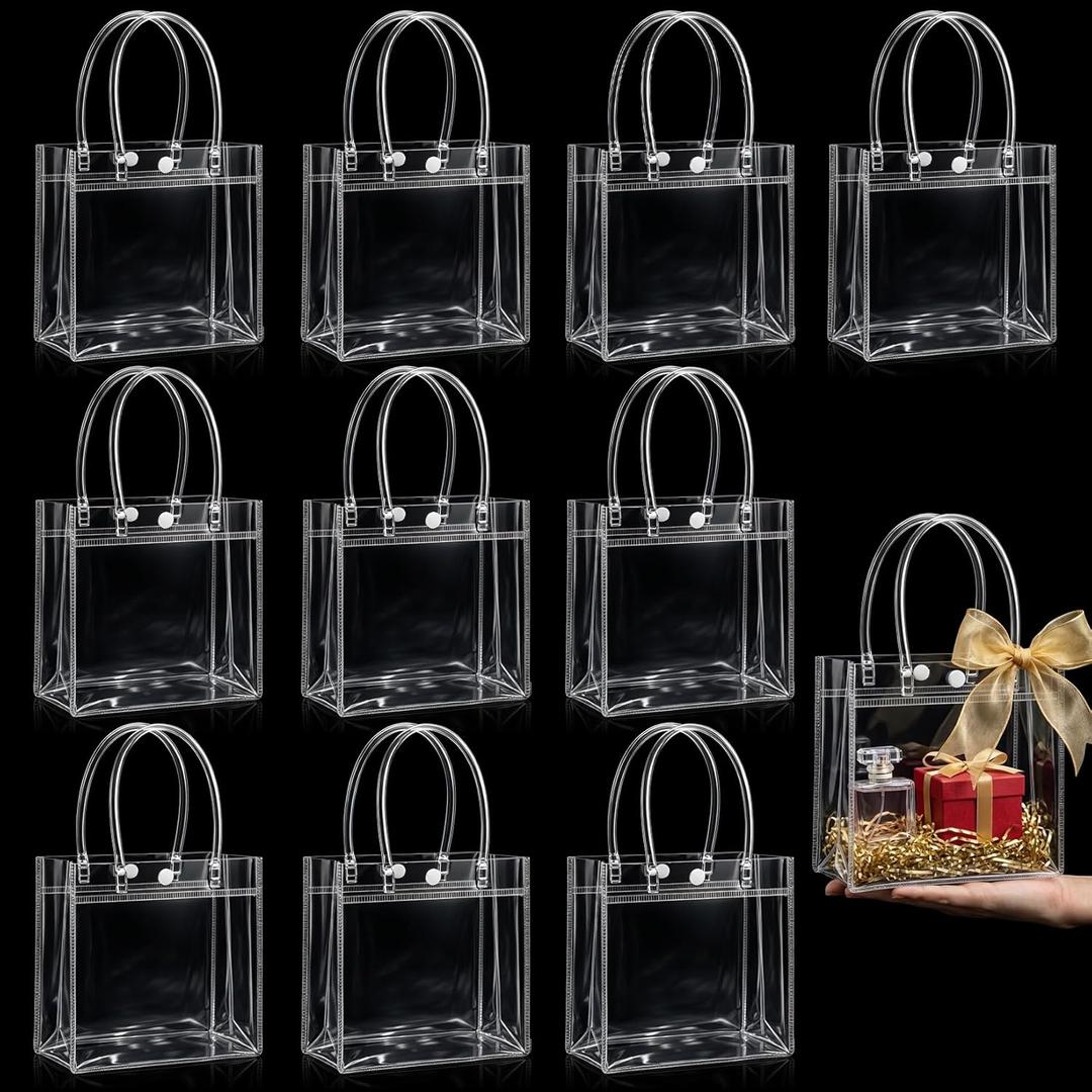 MAQIHAN Clear Gift Bags with Handles - 10 Party Favor Candy Bags, Plastic Goodie Bags Transparent, bolsitas, for Valentines, Mother's Day, Christmas, Baby Shower, Wedding, Birthday, Mini 5.9'' x 6.3''