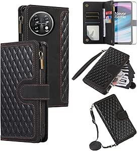 Asuwish Phone Case for OnePlus 11 5G Wallet Cover With Tempered Glass Screen Protector and Crossbody Wrist Strap Flip Zipper Credit Card Holder Cell One Plus11 1 Plus 1plus11 One+ 1+ Women Girls Black