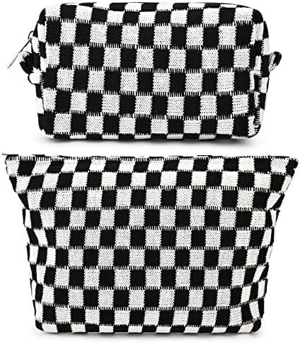 SOIDRAM 2 Pieces Black Makeup Bag Large Checkered Cosmetic Bag Capacity Canvas Mix Travel Toiletry Bag Organizer Cute Makeup Brushes Aesthetic Accessories Storage Bag for Women, Checkered Mix Black