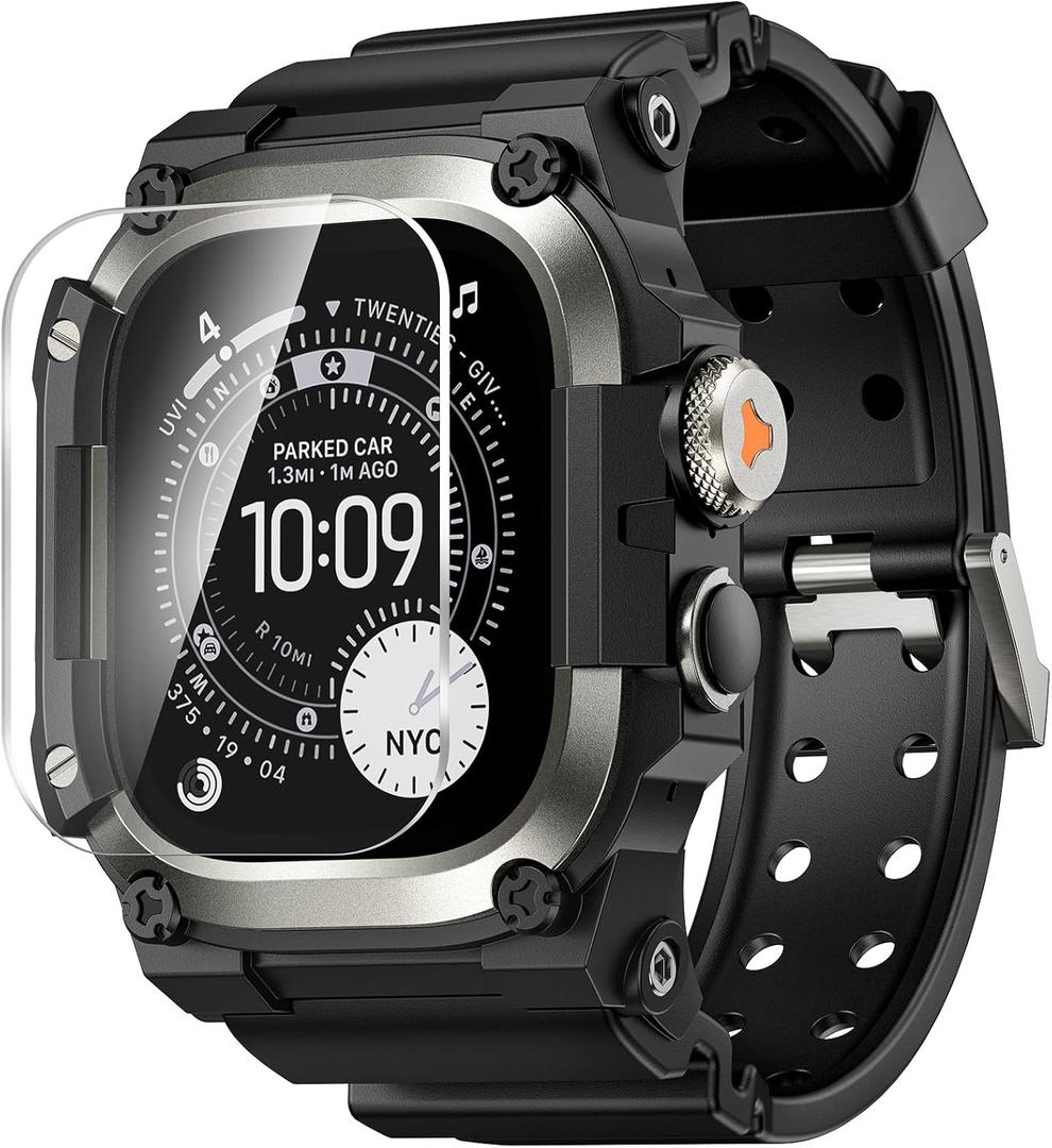 Goton Rugged Case with Band for Apple Watch Ultra 3/2/1 49mm, Military Grade Shockproof Cover + Screen Protector Kit for iWatch Band Men, Skin-Friendly TPU Strap for Outdoor Adventures (Titanium)