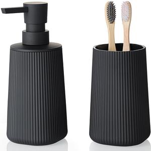 YAUKPH Bathroom Accessories Set 2 Piece Soap Dispenser and Toothbrush Holder for Bathroom Countertop Striped Black