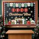 Christmas Fireplace Bulletin Board Set Cozy Christmas Vibes Classroom Decorations Colorful Banner Snowflakes Xmas Tree Gifts Snow Globe Cutouts with Buffalo Plaid Borders for Holiday Display