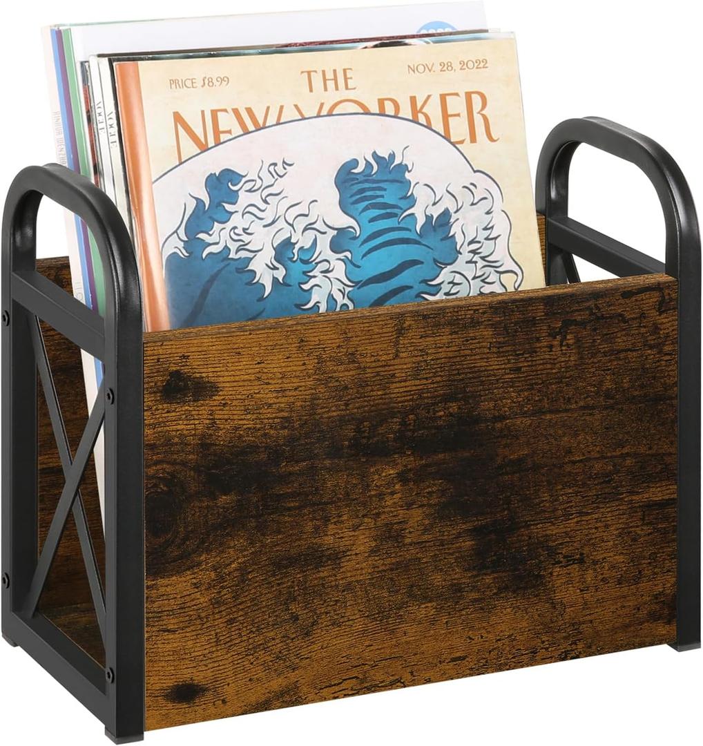 YINMIT Magazine Holder, Magazine Rack Floor, Magazine Storage Basket, Folder Organizer Bin for Books, Newspapers, Tablets (Small, Rustic Brown)
