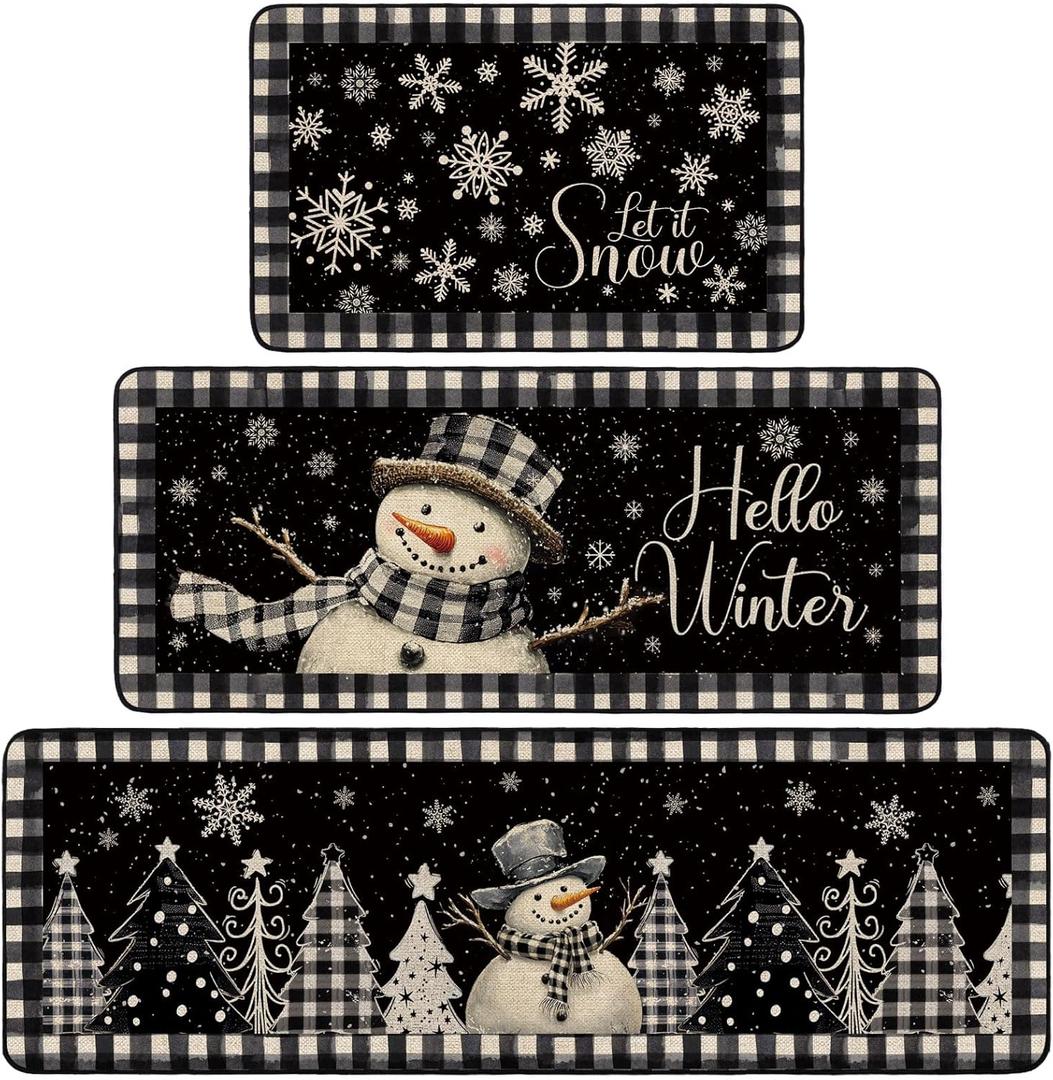 3 Pcs Winter Kitchen Rugs Non Slip Winter Floor Mat Snowman Kitchen Floor Hallway Laundry Sink and Bathroom, 20"x32" 20"x47", 20"x59", Christmas