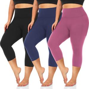 3 Pack Women's Plus Size Capri Leggings High Waist Tummy Control, Stretchy Yoga Workout Pants (XL-4X) - Spandex Elastic Fit (XX-Large, 3pack Black/Navy/Dark Pink)