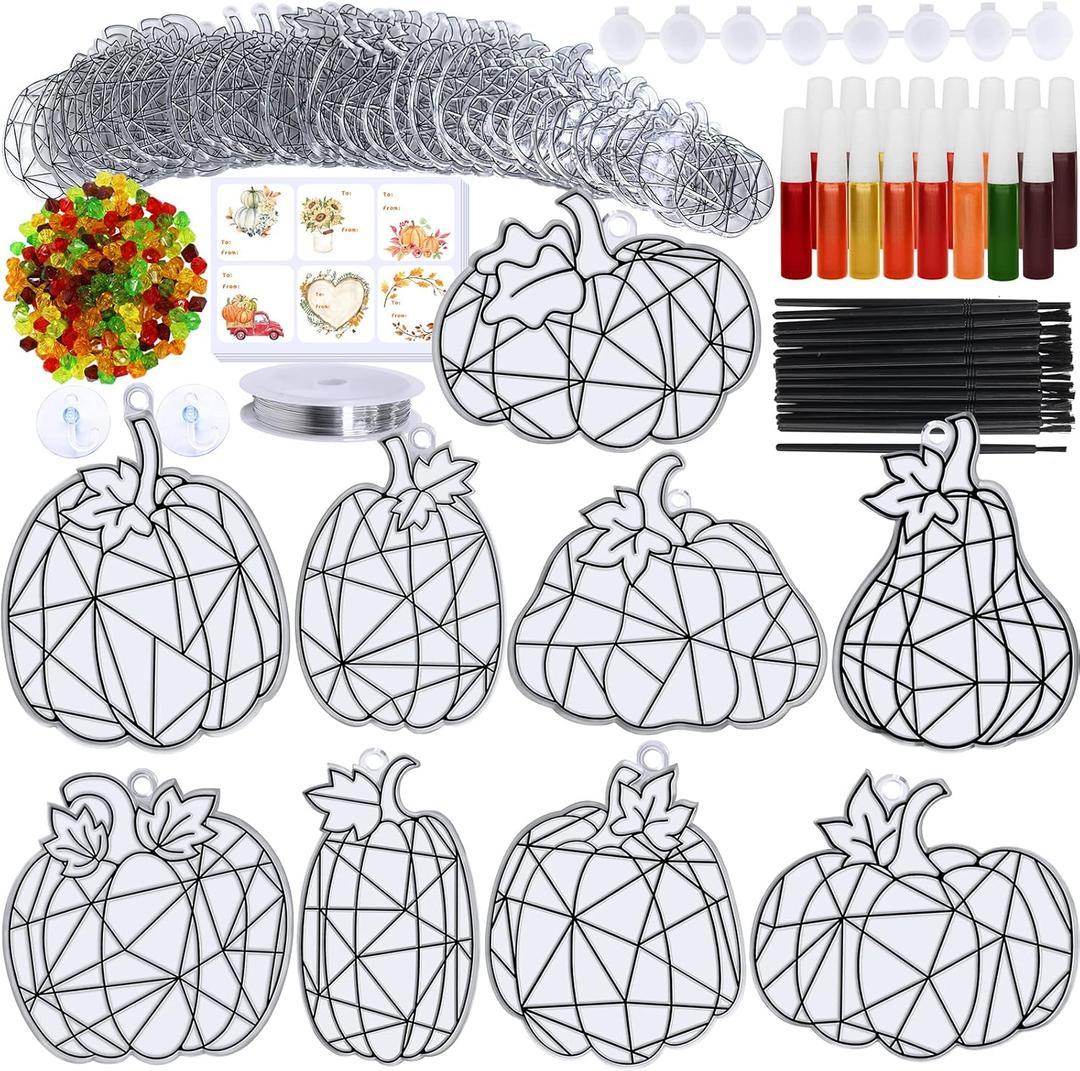Winlyn 27 Sets Pumpkin Suncatchers DIY Window Paint Art Suncatchers Fall Pumpkin Craft Kits Autumn Pumpkin Sun Catchers for Kids Classroom Halloween Thanksgiving Art Activities
