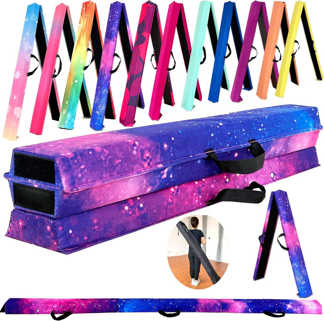 MARFULA 10ft Folding Gymnastics Beam Foam Balance Floor Beam - Extra Firm - Suede Cover - Anti Slip Bottom with Carry Bag for Kids/Adults Home Use, Purple