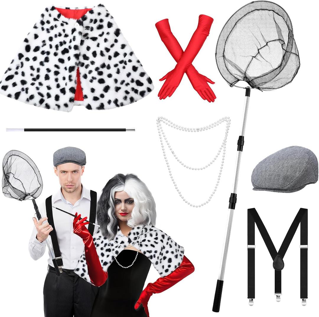 7 Pcs Halloween Dalmatian Costume and Catcher Accessories Shawl Red Gloves Pearl Necklace Hat Holder Suspender Fishing Net for Halloween Adults Couple Cosplay Party