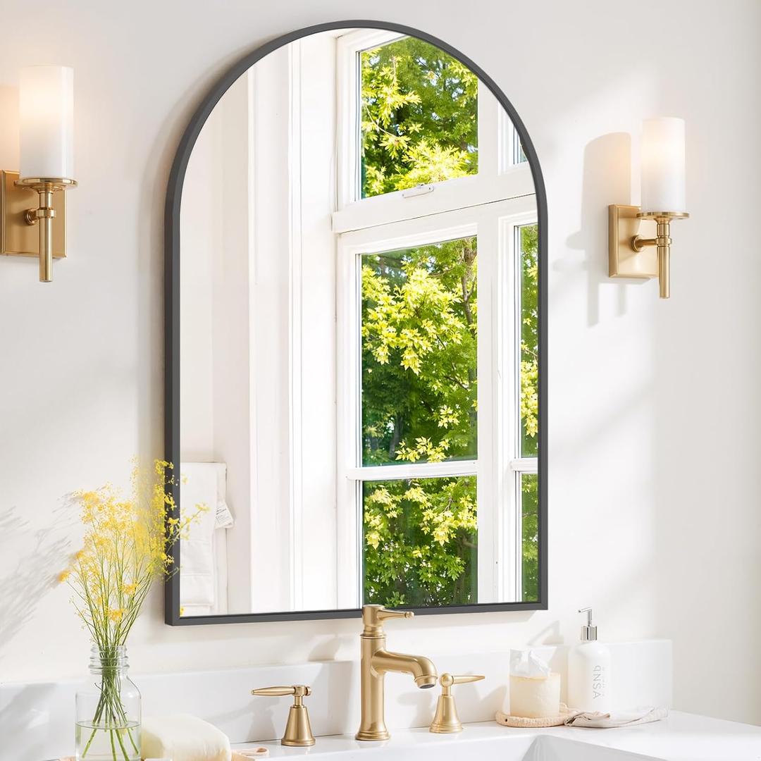 Arched Wall Mirror 36x24 Inch Black Bathroom Vanity Mirror with Metal Frame, Modern Arch Mirror for Bedroom, Living Room, Entryway, Wall Mounted Decorative Mirror