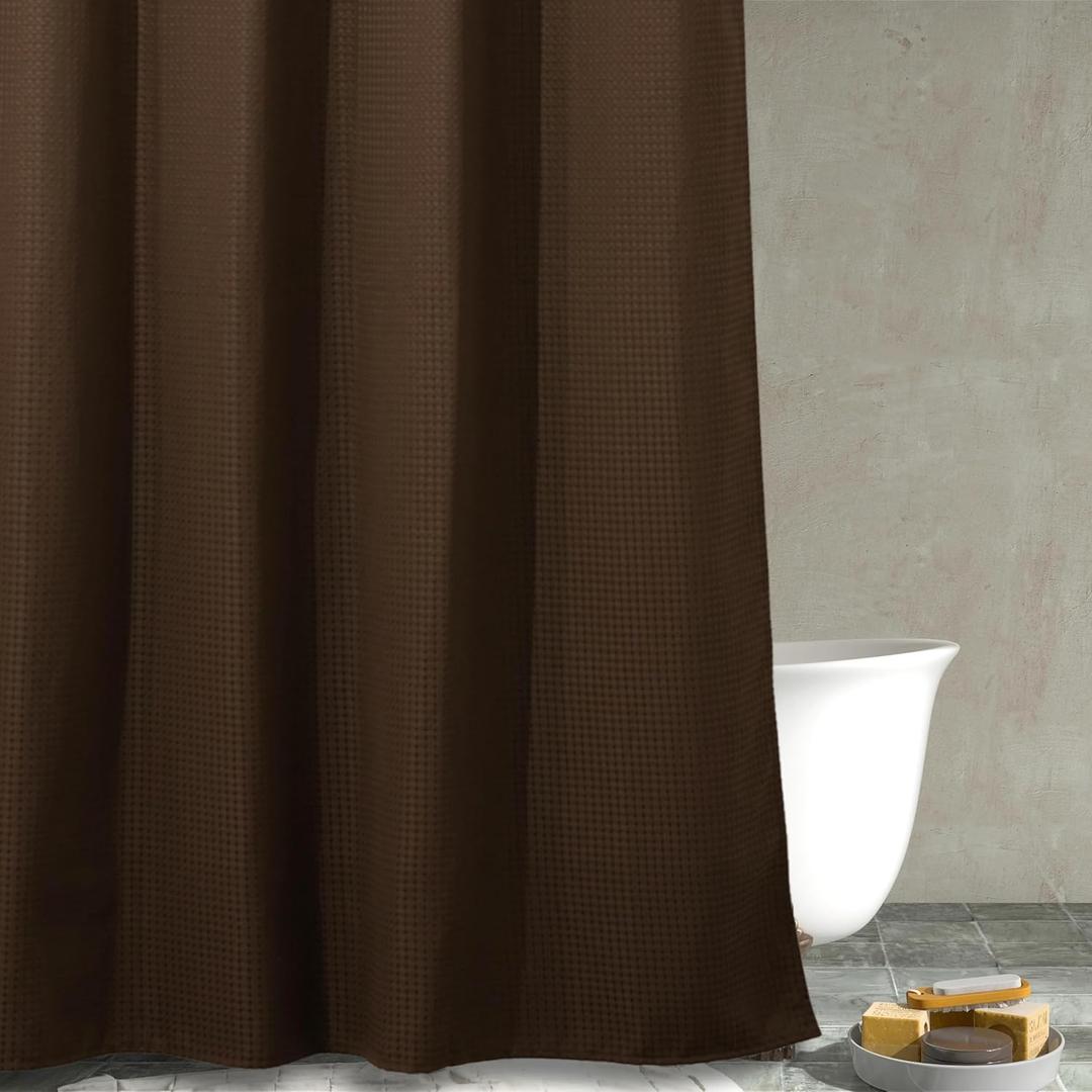 Brown Waffle Weave Shower Curtain: Heavy Duty Textured Fabric Shower Curtain for Bathroom - Water Repellent Washable Thick Polyester Cloth Bath Curtain - 71 x 71cm Drop