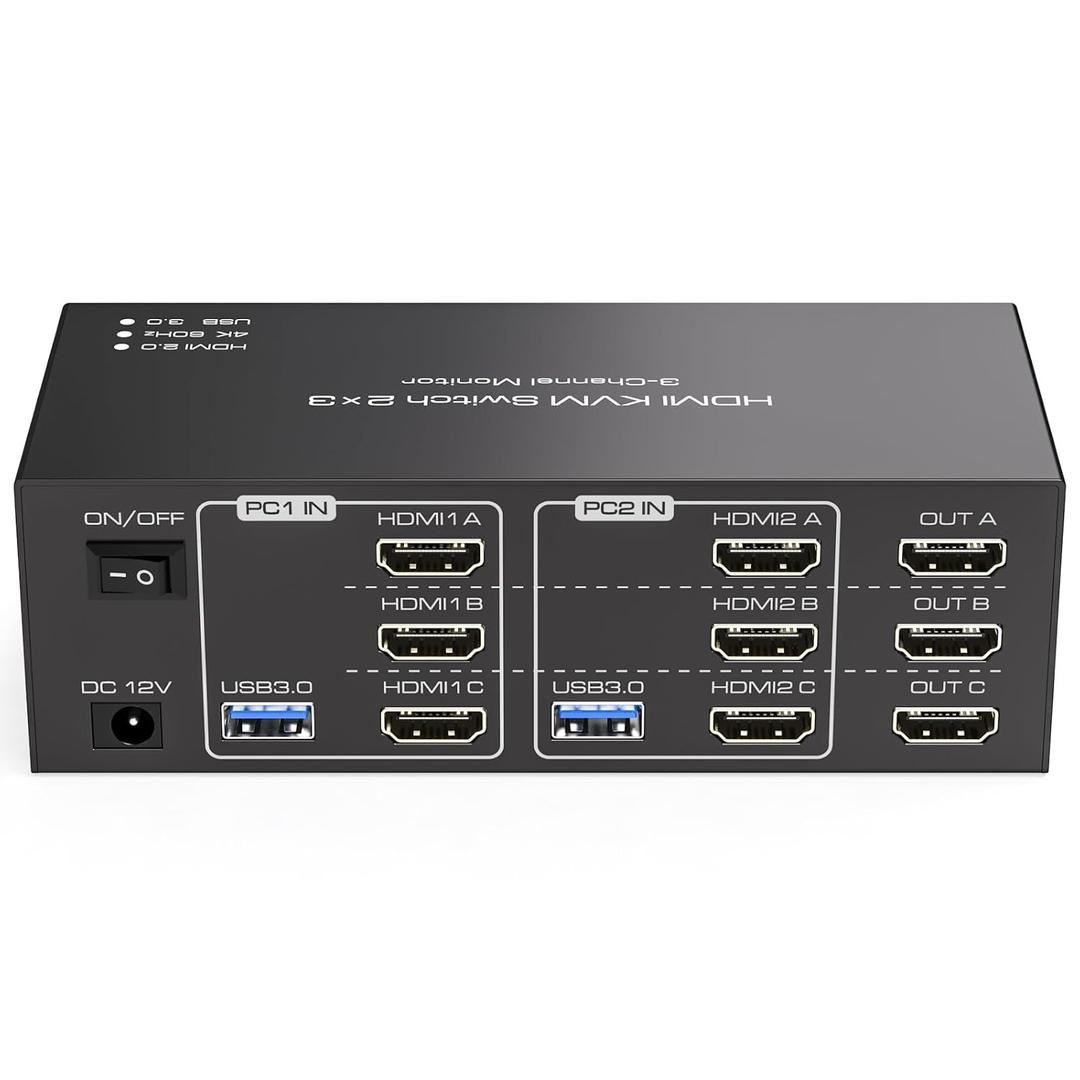 HDMI KVM Switch 3 Monitors 2 Computers 4K@60Hz KVM Switches with 4 USB 3.0 Ports for 2 Computers Sharing Triple Monitor and 4 USB Devices Support Extended & Copy Mode with 2 USB Cables