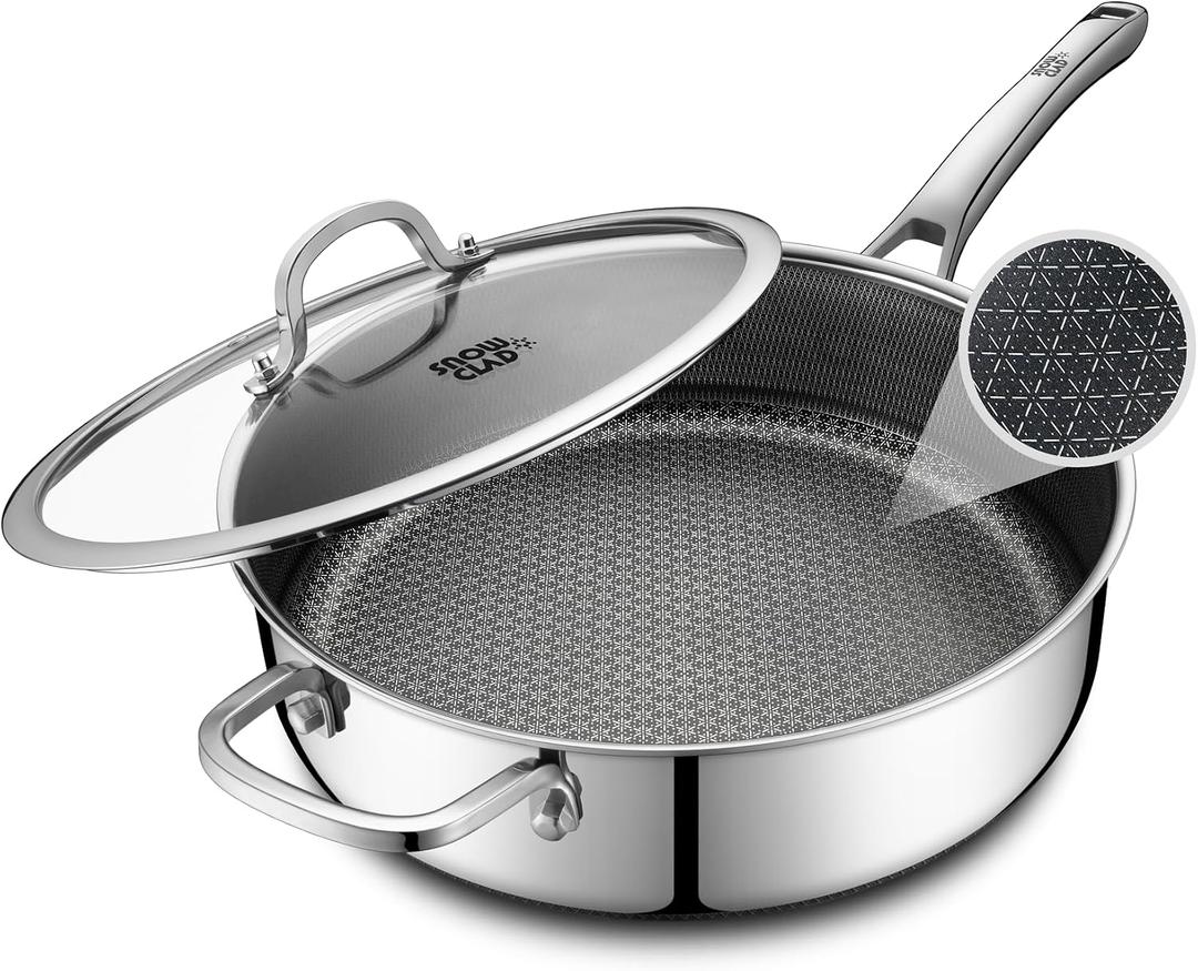 SNOWCLAD Frying Pans Nonstick with Lid,Hybrid Non Stick 5 Quart Saute pan,PFOA Free Cookware,Stainless Steel skillet,12 inch Deep Saute Pan,Dishwasher&Oven Safe,Works on All Cooktops