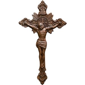 BGCOPPER Saint Benedict Crucifix Wall Cross, Wooden Jesus Cross for Wall, Catholic Crucifix for Wall, St Benedict Cross Wall Decor for Home Easter Christmas Gift (14 Inch) (13.8L" x 7.9W", Vintage)