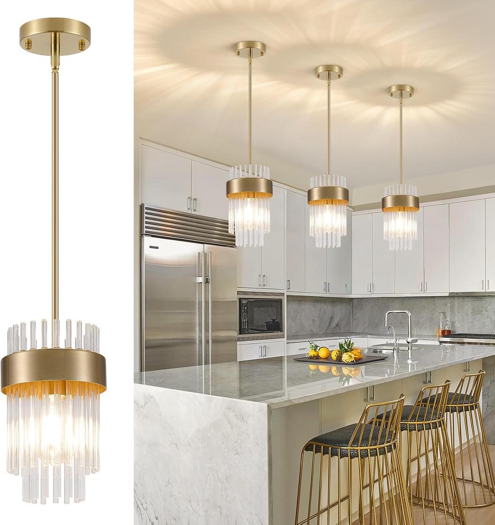 Dijiahua Gold Pendant Lights Kitchen Island 3 Pack,Modern Crystal Pendant Light Fixtures Over Table, Mini Brass Dining Room 1-Light Chandelier,Adjustable Cord Hanging Lamp for Bedroom,Hallway