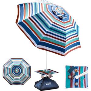 OutdoorMaster Beach Umbrellas with Sandbag & Anchor with 4 Cup Holder, 6.5ft Adjustable Umbrella for Beach Heavy Duty Wind, Portable UPF50+ Sunshade with Carry Bag for Patio, Blue Red with Cup Holder