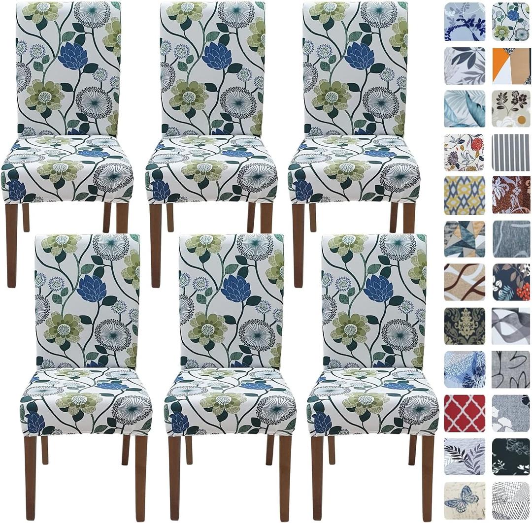 SPRINGRICO White Chair Covers for Dining Room 6 Pack, Stretch Floral Dining Chair Cover, Washable Spandex Kitchen Parsons Chair Slipcovers, Seat Protector for Home or Party (Set of 6, FLORAL3)