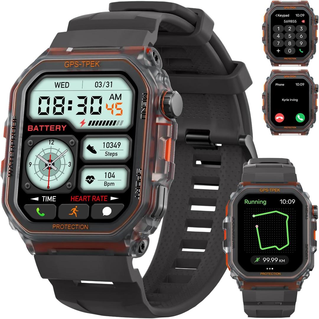 Military Smart Watch for Men (Answer/Make Calls), 1.75'' Smart Watch for Android and iPhone, Fitness Watch with 100+ Sports Modes, IP68 Waterproof, GPS/Heart Rate/Sleep/Stress, Watches for Men (BlackGray)