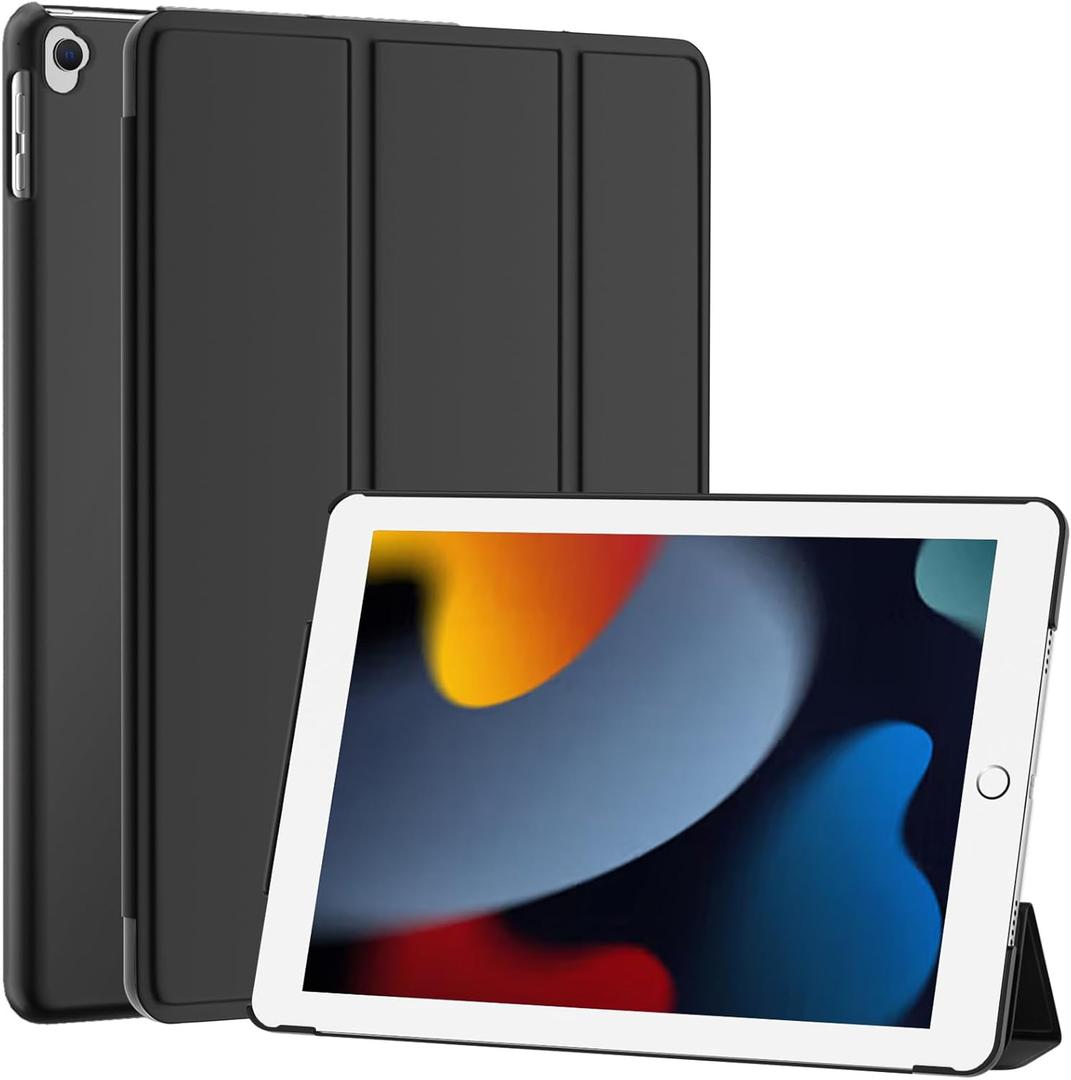 SUPFINE for 10.2 Inch iPad 9th Generation Case 2021, with [ Glass Screen Protector ]/ iPad 8th/7th Generation Case 2020/2019, Slim Stand Translucent Back Shell Cover, Black (iPad 9th/8th/7th Generation 10.2'')