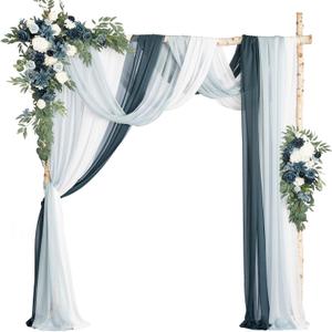 Ling's Moment Wedding Arch Flowers with Sheer Drapes Kit - Artificial Dusty Blue and Navy Floral Arrangements for Ceremony Backdrop, Arbor Decor, 5-Piece Set (2 Flower Stems + 3 Hanging Drapes), Blu-dusty Blue & Navy
