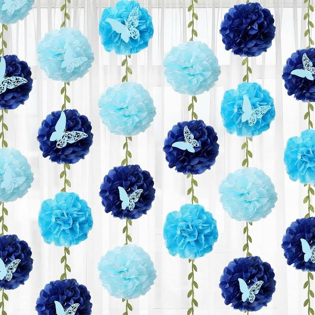 Suncalla 8 Pack Tissue Paper Pom Pom Garlands Paper Flowers with Vines and Butterflies for Birthday Baby Shower Wedding Engagement Bridal Shower Spring Summer Party Decorations(Blue), 5.9 inches