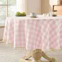 Softalker Pink Gingham Tablecloth 70 x 70 Inch Round, Outdoor Linen Cotton Checkered Table Cloth with Tassel, Heavy Duty Wrinkle Free Buffalo Plaid Table Cover for Kitchen Dining Home Party