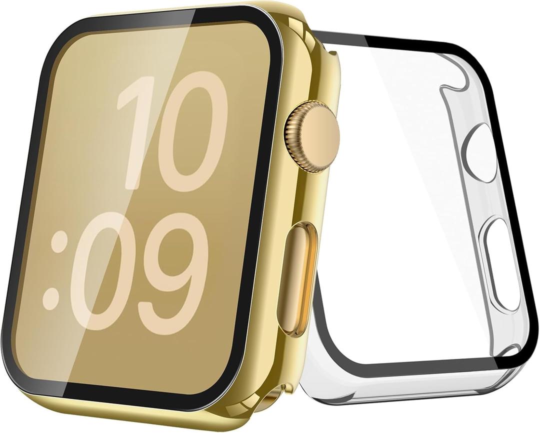 [2-Pack] Julk 38mm Gold Cover with Screen Protector for Apple Watch Series 3/2, 9H Tempered Glass with Slim Hard Protective Case for iWatch [1 Gold + 1 Transparent]