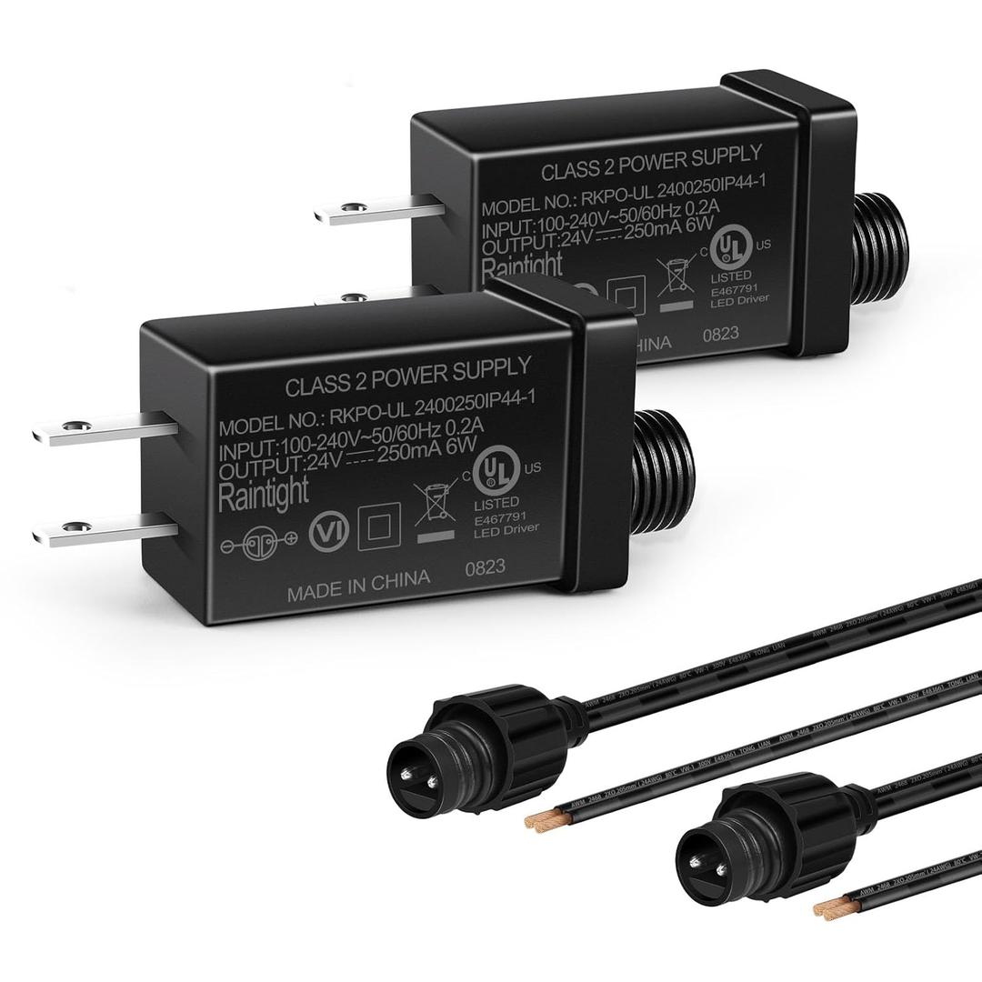 24V 6W 0.25A Class 2 Power Supply 2 Pack, AC to DC Low Voltage Transformer, IP44 Inflatable Power Adapter for LED Strip Lights, Christmas Decor Light, Indoor/Outdoor Use, UL Listed