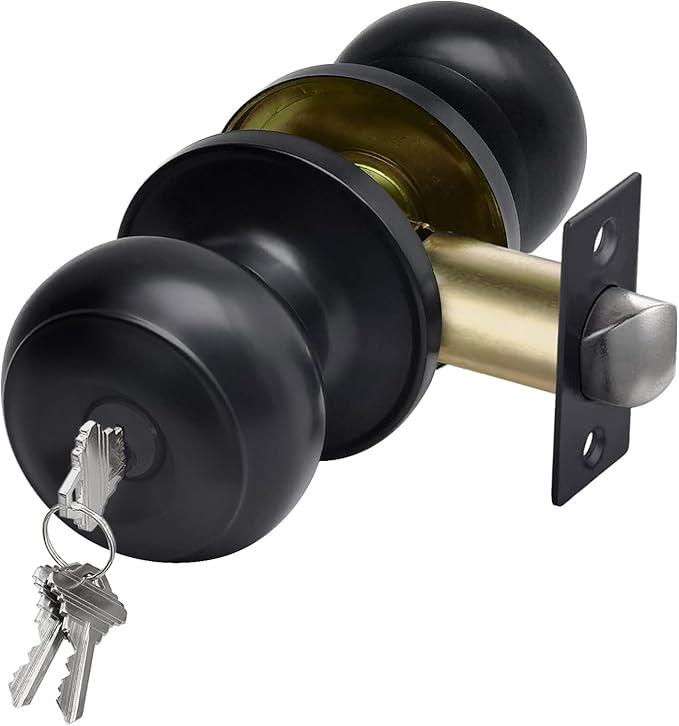 CML Hardware Matte Black Keyed Entry Door Knob for Entrance, Exterior and Interior Use, Round Ball Handle, Stainless Steel, Pack of 2