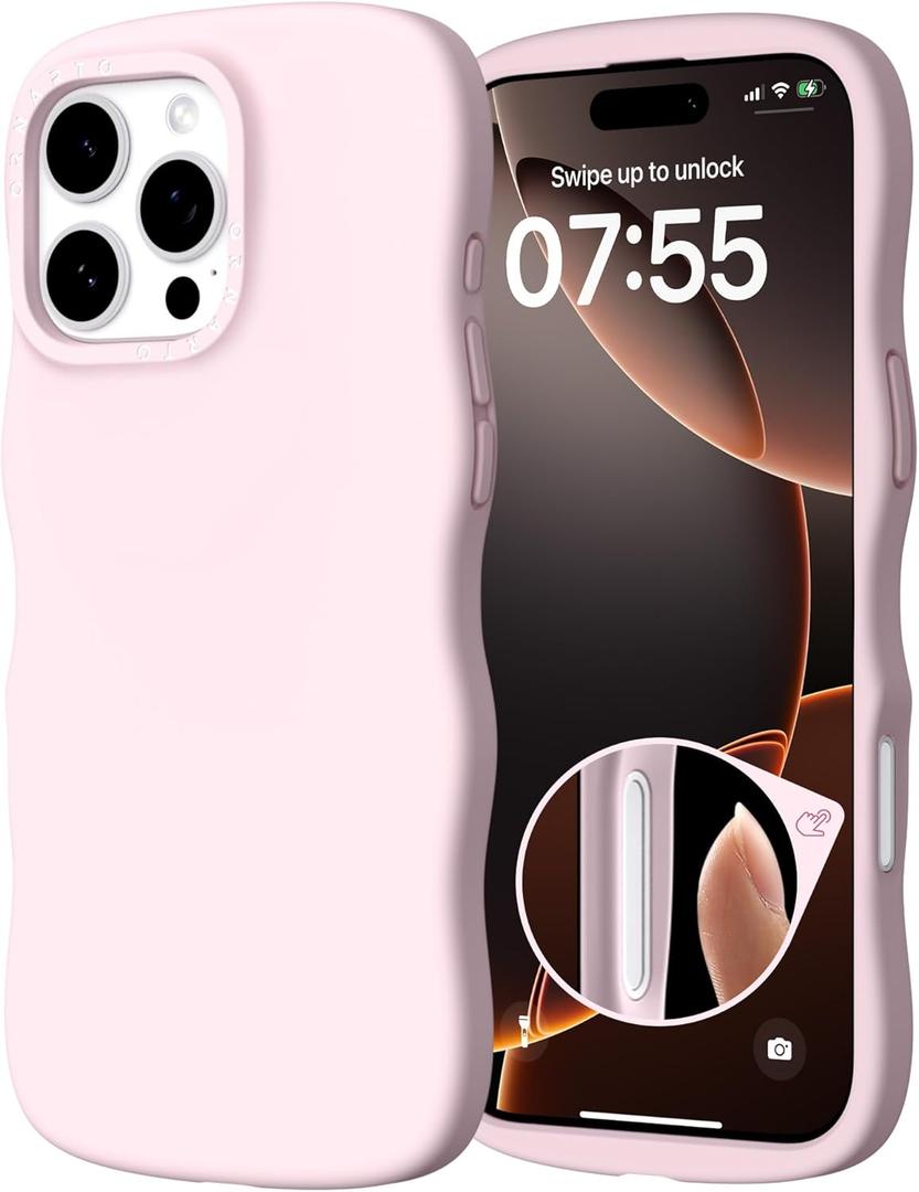 ORNARTO for iPhone 16 Pro Case 6.3", Wavy Liquid Silicone Shockproof Drop Protection Cover with Camera Control Button, Skin-Friendly Microfiber Lining  Chalk Pink