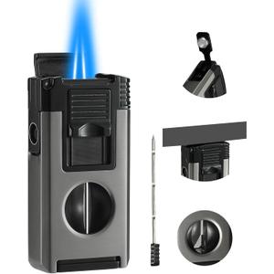 All in One Jet Flame Butane Torch Lighter Built-in Cutter V Cut, Punch, Holder Function, Draw Enhancer Tool, Refillable and Adjustable Windproof Gas Lighter, Black and Grey (Sold Without Gas)
