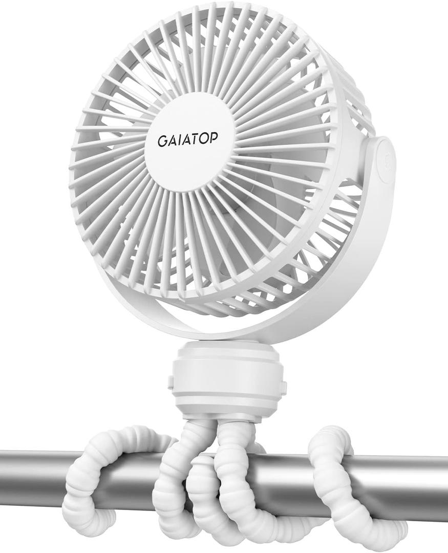 Gaiatop Mini Portable Stroller Fan, Battery Operated Small Clip on, Detachable 3 Speed Rechargeable, 360 Rotate Flexible Tripod Better Cooling for Car Seat Crib Treadmill Travel White