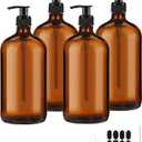 4 Pack 32 oz Amber Glass Pump Bottles, Glass Dispenser Bottles with Pump, Boston Round Bottles with Pumps for Shampoo and Conditioner, Body Shower, Lotion, Soap, Massage Oils