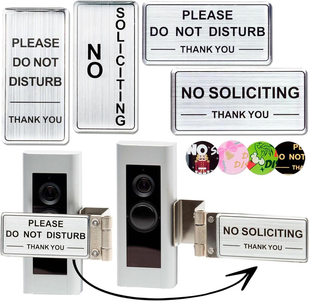 2 x Metal No Soliciting Sign for Front Door - Fits Any Doorbell, NO SOLICITING & DO NOT DISTURB - Dual Purpose Sign, Easy install (Brushed Silver)