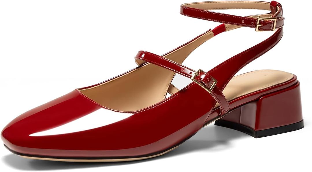 Womens Square Toe Mary Jane Pumps Chunky Low Heels Ankle Strap Slingback Wedding Party Dress Shoes (7.5, Red)