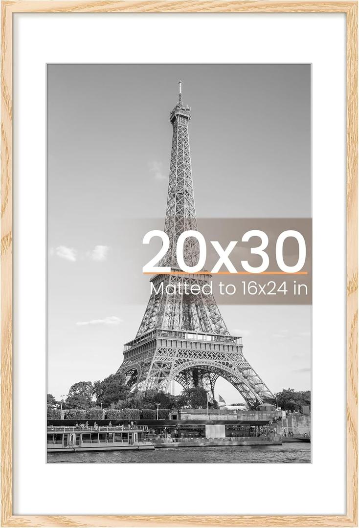 Upsimples 20x30 Poster Frame, Display Pictures 16x24 with Mat or 20x30 Without Mat, Wall Hanging Picture Frame, Natural, 1 Pack