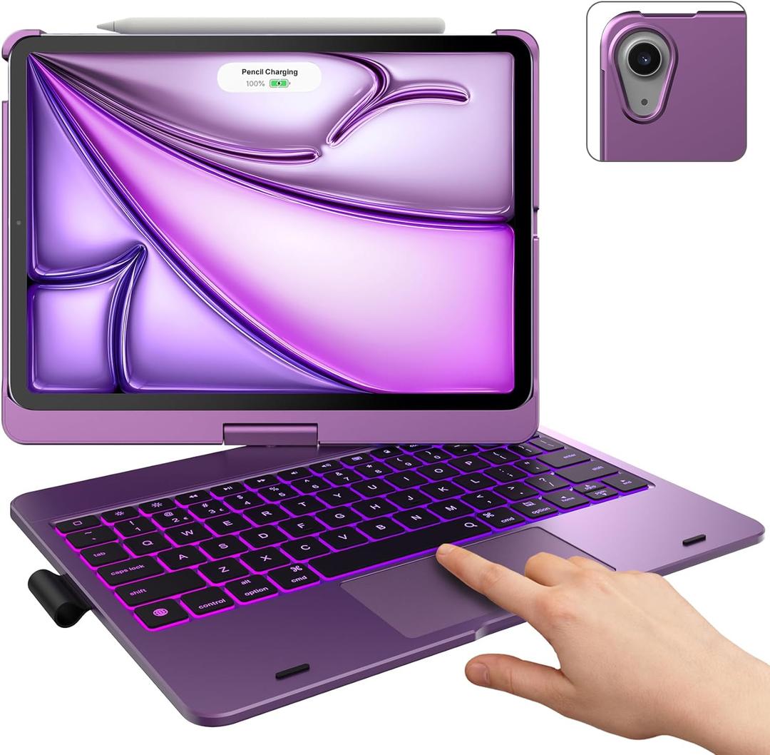 typecase Touch Keyboard Case with Trackpad for iPad Air 11-inch (M3 2025 / M2 2024): 360Rotatable - 11 Colors Backlight - Wireless Keyboard with Pencil Holder for iPad Air 5th & 4th Gen,Purple