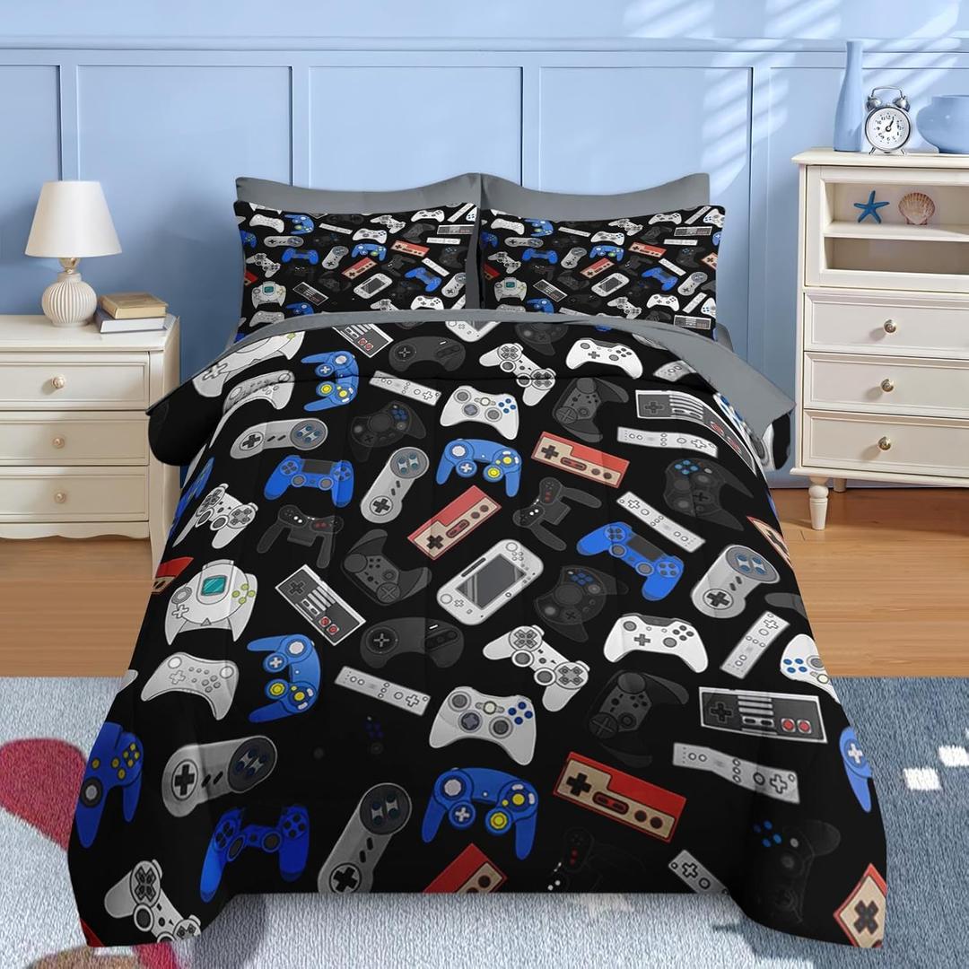 Nesker 7 Pcs Comforter Set Queen Size, Retro Colorful Gamepad Bedding for Kids Teen, Game Joystick Gaming Controller with Fitted Sheet 2 Pillowcases & 2 Shams for Bedroom Bed Decor