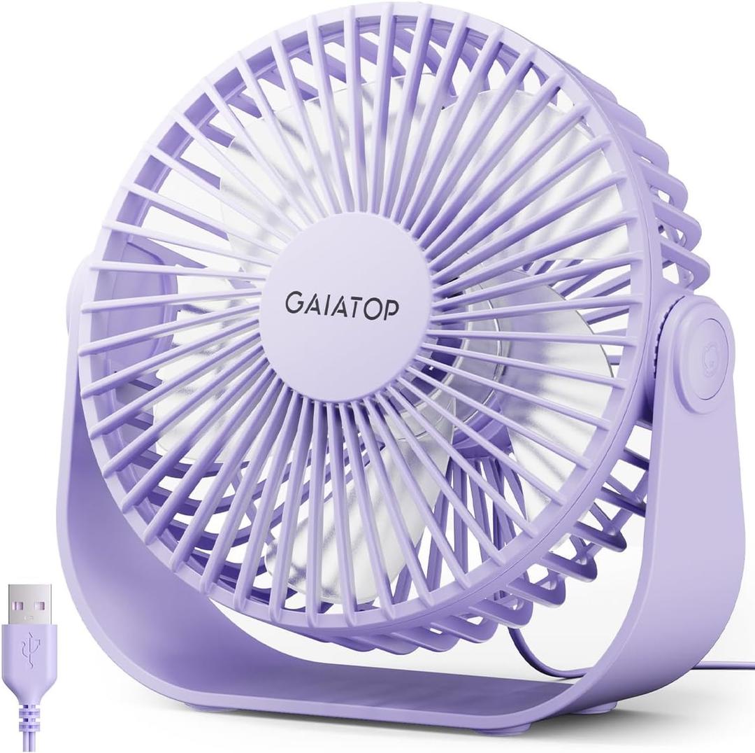 Gaiatop USB Desk Fan, 3 Speeds Strong Airflow, 5.5 Inch Portable 90 Rotate Quiet Cooling, Small Personal Table Fans for Bedroom Home Office Travel Purple