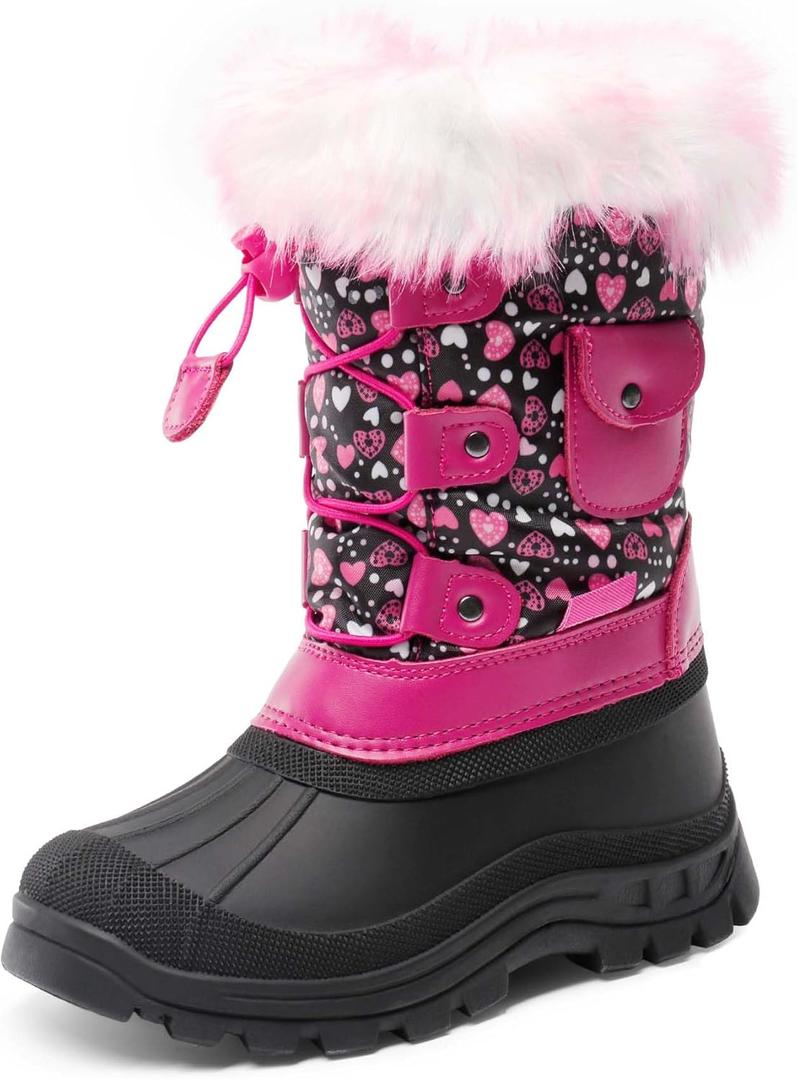 DREAM PAIRS Boys Girls Snow Boots Water-Resistant Outdoor Warm Cozy Anti-Slip Mid Calf Faux Fur Lining Insulated Winter Shoes for Little/Big Kids (Black/Pink), Size 5