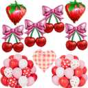 DBKL Cherry Balloons with Pink Bow & Strawberry Foil Balloons, Cherry On Top Party Decorations for Berry First Birthday, Baby Shower, Bridal Shower, Summer Fruit Party Supplies, Red Pink