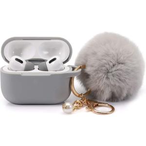 Protective Case Cover for Airpods Pro Charging Case with Ear Tips 1 Pair Kit, Air Pods Silicone Case with Soft Cute Ball Pom Pom Keychain Kit Together with Ear Buds Tips 2&1 (X, Grey)