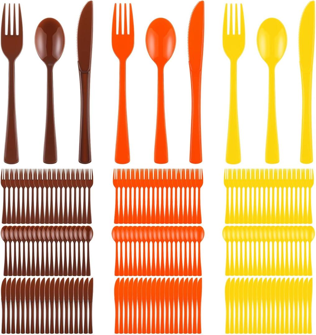 Minatee 180 Pcs Thanksgiving Plastic Silverware Heavy Duty Cutlery Sets Disposable Utensils for Holiday Easter Autumn Fall Party Supplies, 60 of Each Forks Knives Spoons (Brown, Orange, Yellow)