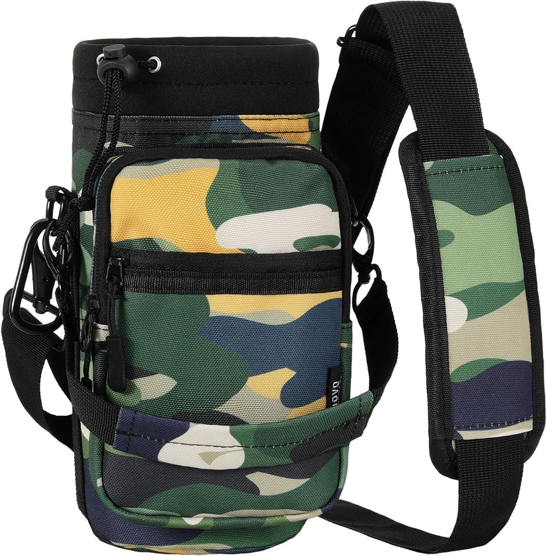 Nuovoware Water Bottle Carrier, 40oz Bottle Carrier Sports Insulated Water Bottle Holder with Adjustable Shoulder Strap, 2 Pockets Flask Sling Bag Drawstring Pouch for Climbing Hiking Walking (Camouflage Green)