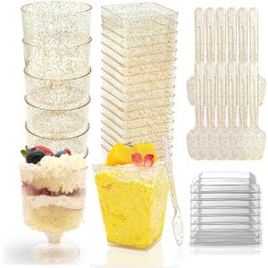 360 Pack Plastic Dessert Cups with Lids and Spoons 5Oz Yogurt Parfait/Appetizer Cup with Round Gold Glitter Serving Goblet cup for Party, Mini Shooter Cups for Fruit Pudding Trifle Ice Cream