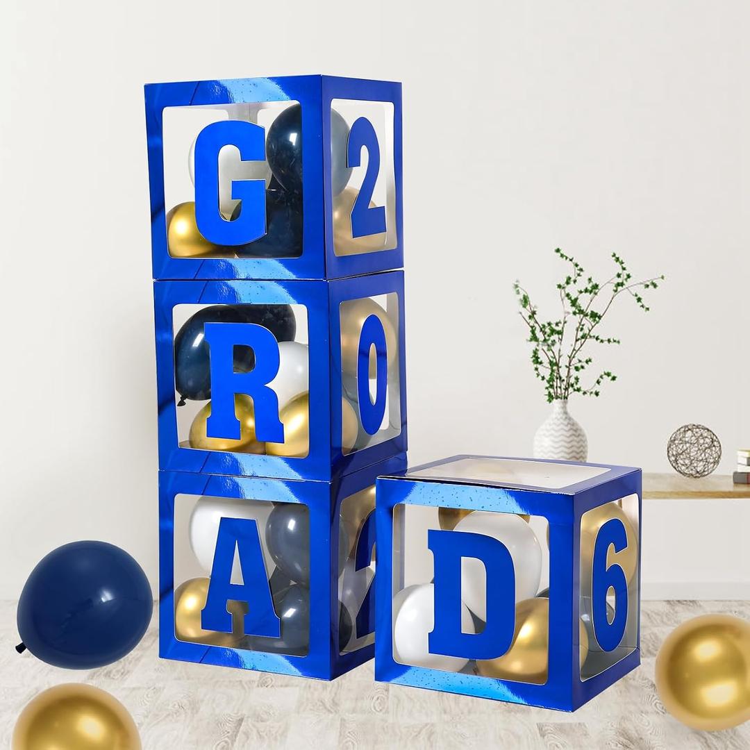 2026 Graduation Decorations - 4Pcs Blue Balloon Boxes with Letters 2026&Grad for Preschool Kindergarten Middle High School College Graduation Party Decorations Class of 2026