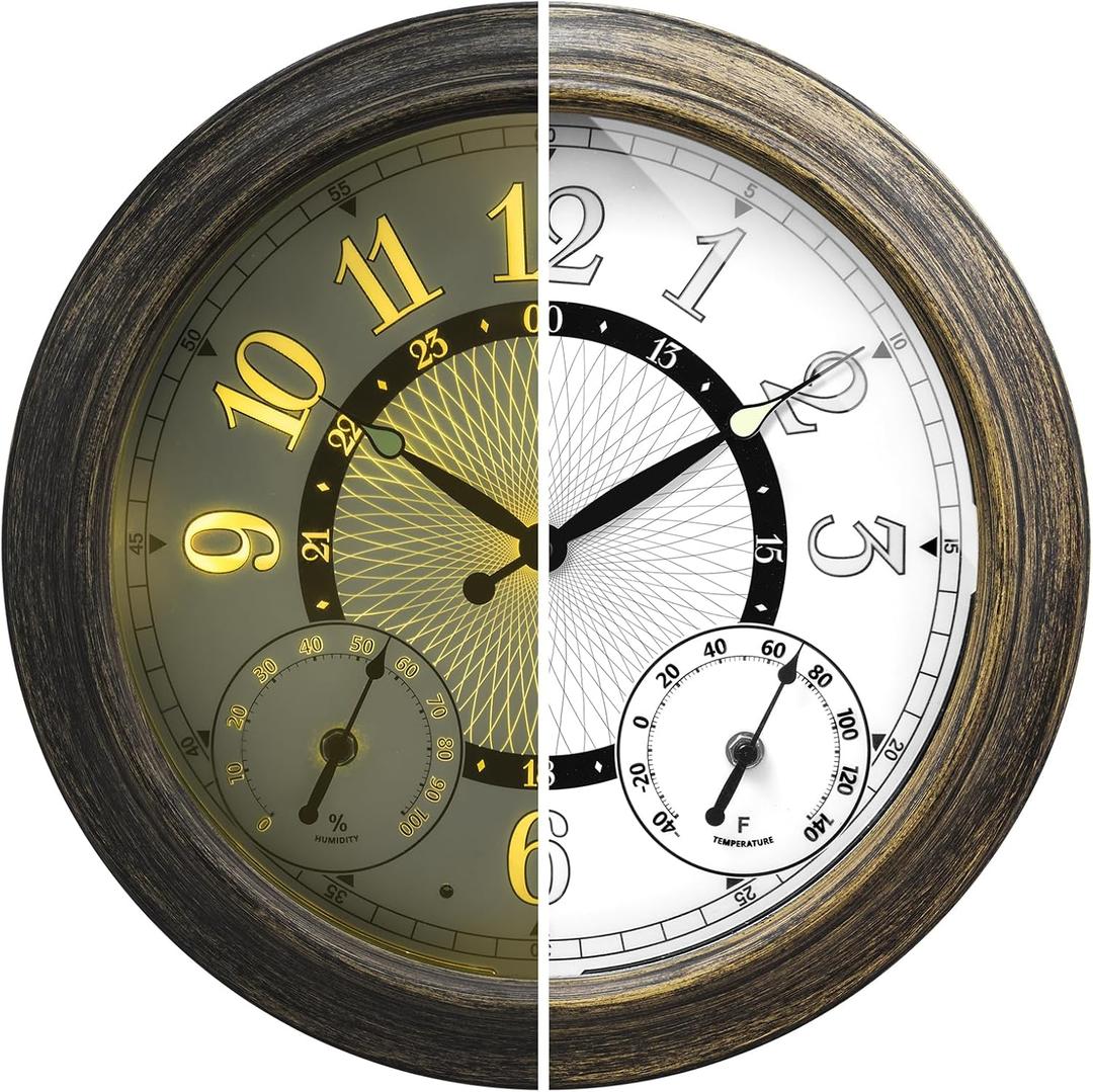 Pytha Sight Illuminated Large Metal Outdoor Clocks Waterproof 15 Inches with AI Auto Light Smart Sensor,Large Indoor Outdoor Wall Clocks with Thermometer & Hygrometer for Patio, Pool, Garden,Porch
