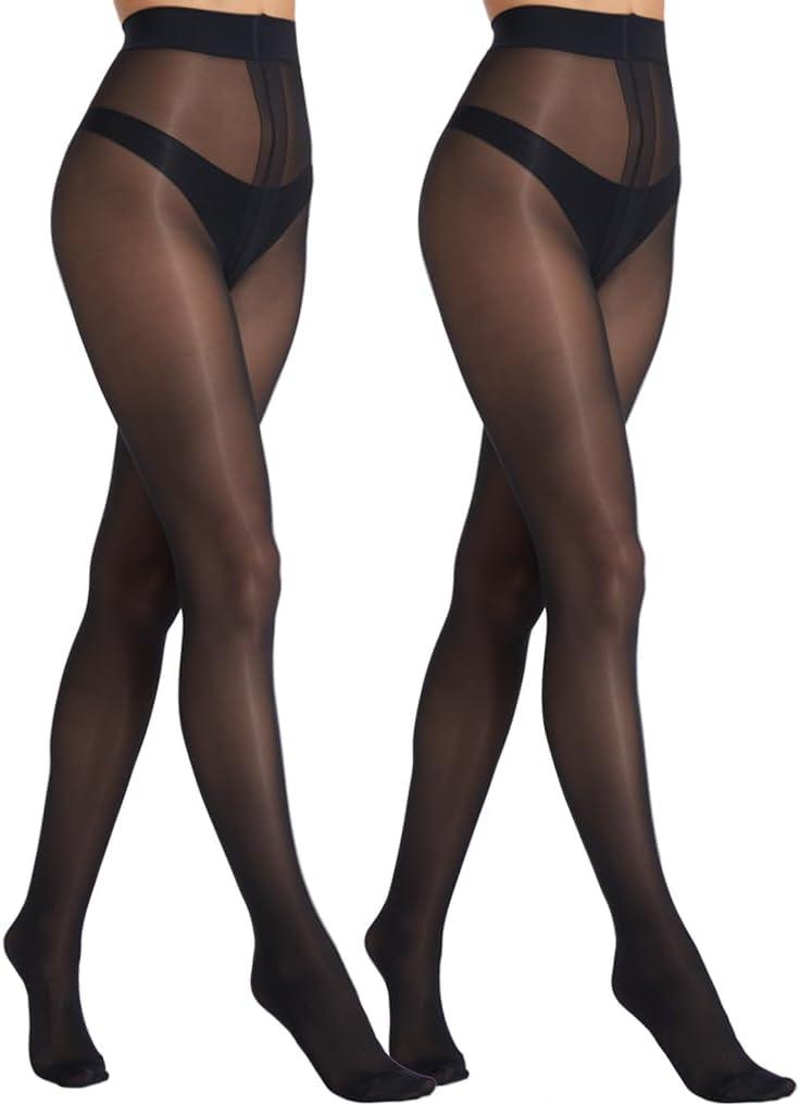 MERYLURE 20D Sheer Black Tights for Women, T-Crotch Ultra Thin Pantyhose High Waist Stockings Reinforced Toes 2 Pairs (Black, L)