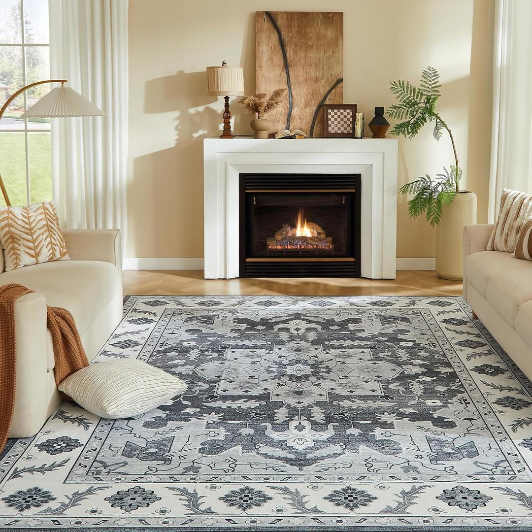 8 x 10 Area Rugs for Living Room, Machine Washable Area Rugs Boho Faux Wool Low Pile Area Rug for Bedroom, Floral Medallion Vintage Rugs with Non-Slip Rubber, Kid & Pet Friendly, Grey White