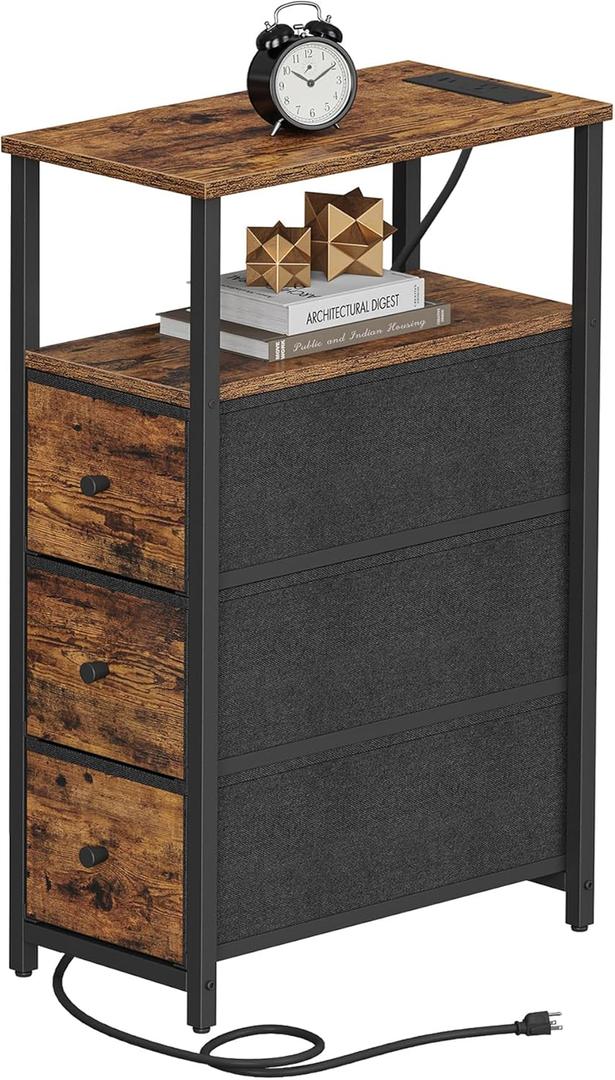 TUTOTAK Narrow Night Stand with Charging Station, Slim End Table with Plugins, Tall Side Table with 3 Fabric Drawer, Small Bedside Table with Storage, Living Room, Bedroom, Brown TB01BB086 ((7.8"D x 15.8"W x 25.5"H))