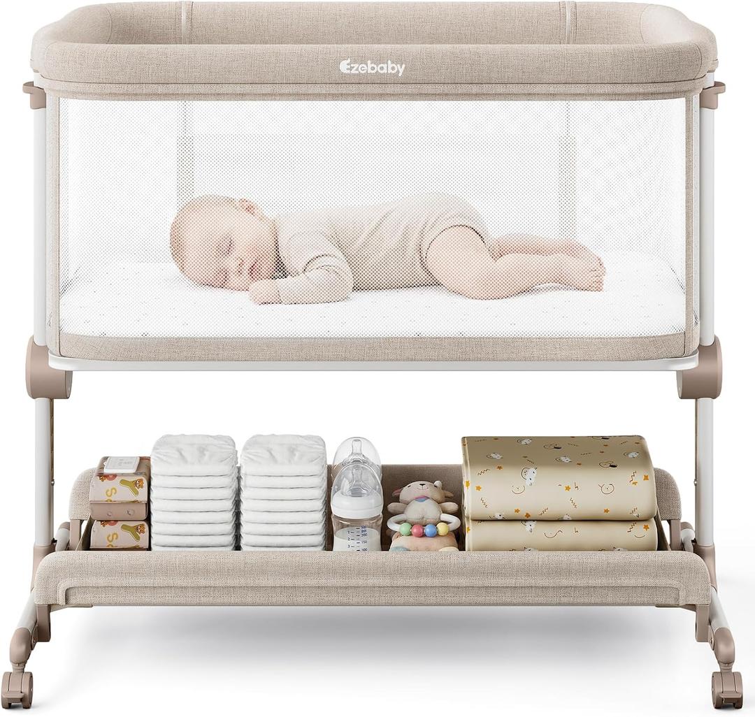Ezebaby Baby Bassinets Bedside Sleeper, Portable Bedside Bassinet for Baby Newborn Infants with Adjustable 7 Heights and All Mesh Sides, Newborn Crib with Mattress and Soft, Breathable Sheet